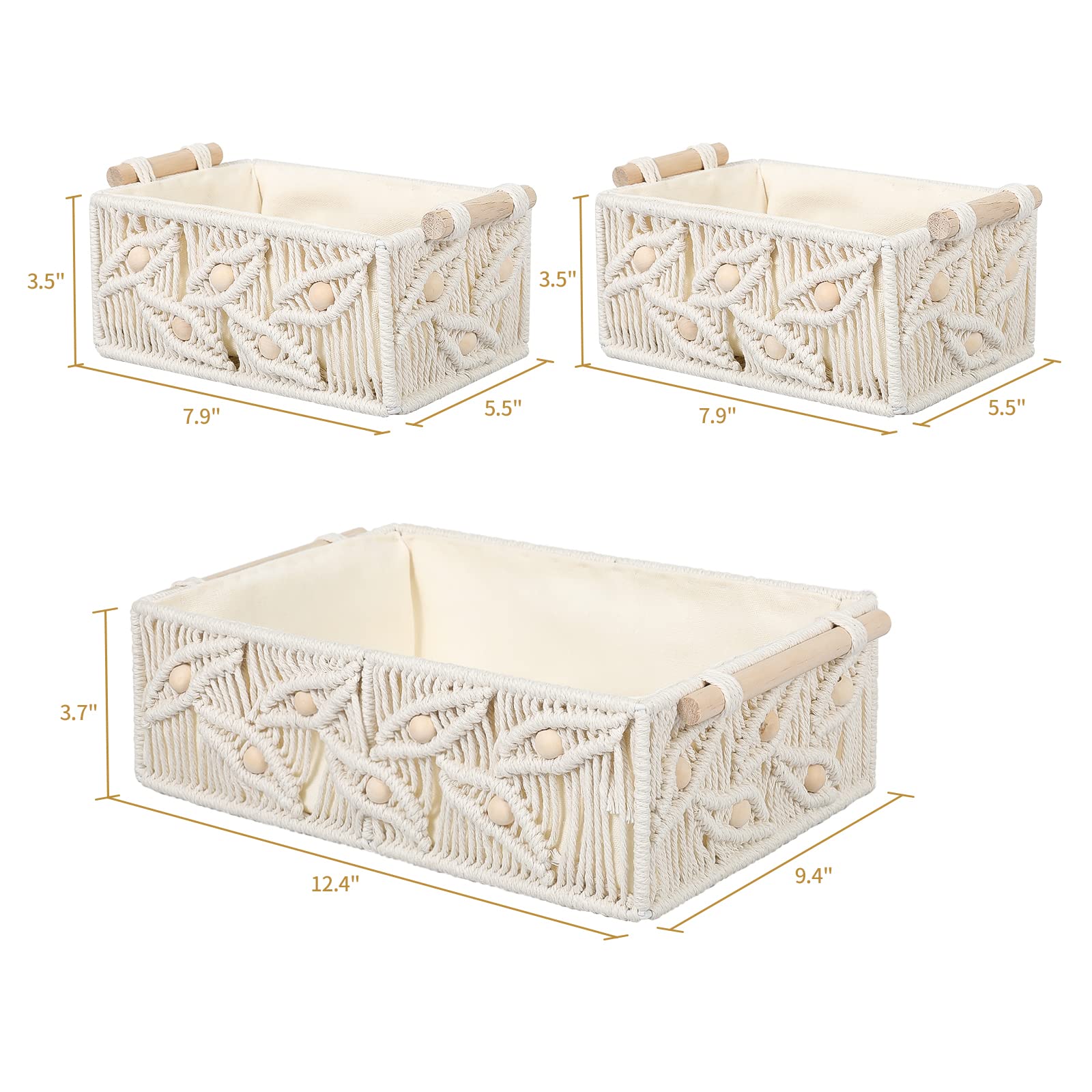 ANMINY Makramee-Aufbewahrungskörbe-Set, handgefertigt, Baumwolle, gewebt, dekorative Boho-Schreibtisch-Aufbewahrungsboxen mit Holzgriffen, Holzperlen, Kinderzimmer, Baby, Organizer, Behälter