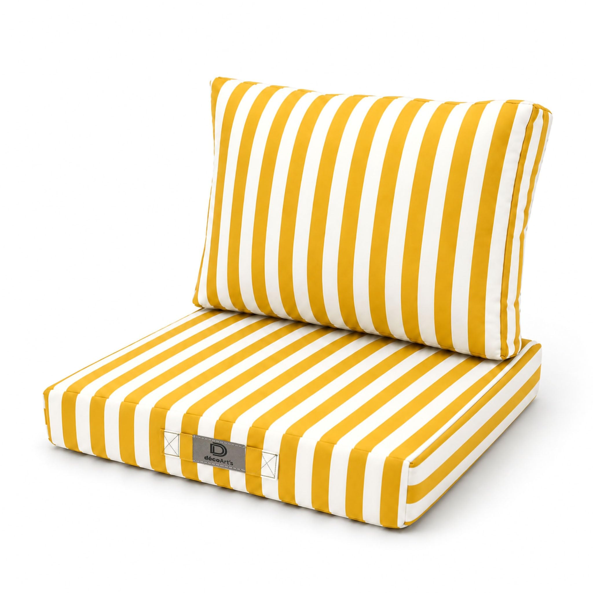Déco Arts — Set di 2 Cuscini Sfoderabili Salotto Giardino 60x60 — Seduta 60x60 + Schienale 60x35 cm — Impermeabile Anti-UV — Ricambio Mobili Giardino Terrazzo Balcone Veranda — A Righe Gialle
