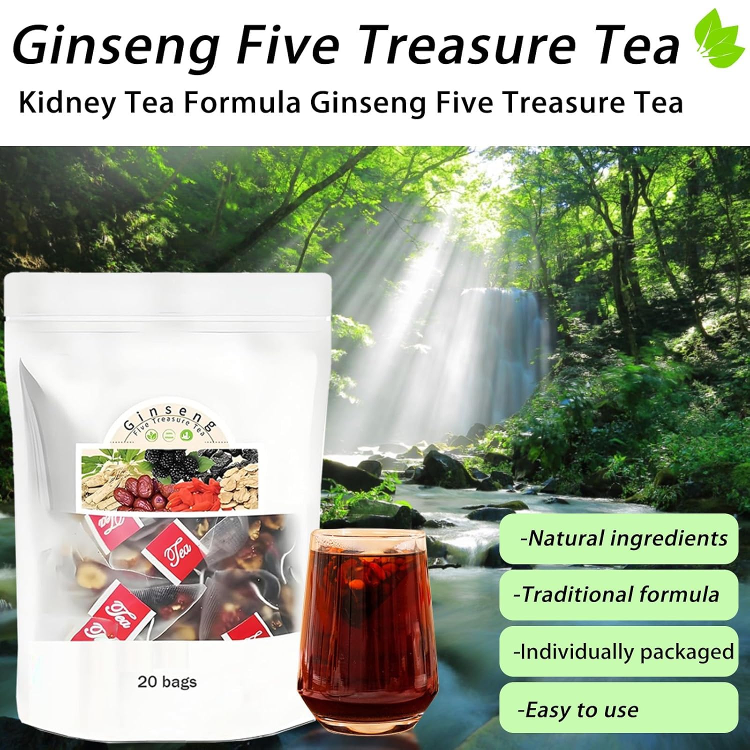 Ginseng Five Treasures Tea Kidney Tea, Ginseng & Mulberry Herbal Teas, Six Treasure Combination Scented Mulberry Wolfberry Red Date Chinese Kidney Cleanse Detox TeaBag for Men Women (2)