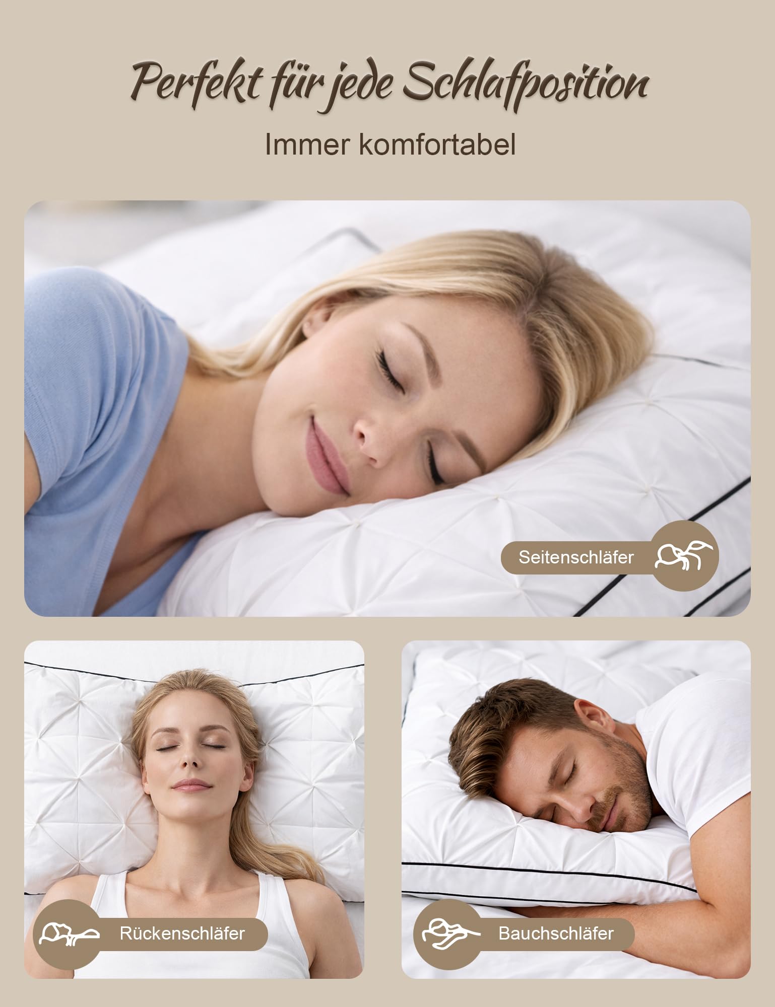 BPC Daunenkissen 80x80 cm 2er Set, 3-Kammer Kopfkissen | 90% Daunen außen & Federkern | Weich und formstabil | 100% Bio-Baumwoll-Bezug | Waschbar & pflegeleicht