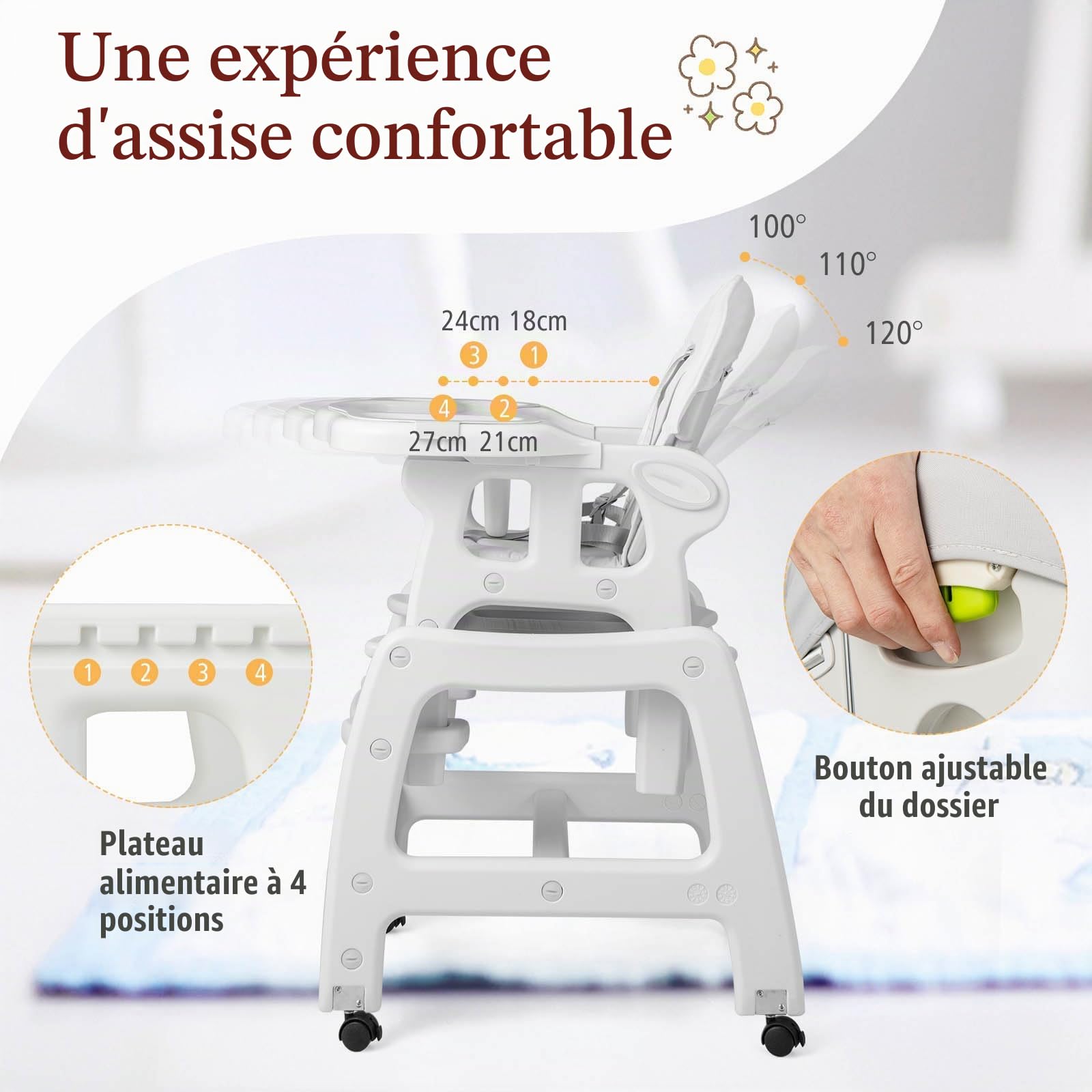 LIFEZEAL 5 en 1 Chaise Haute Bébé Evolutive avec Double Plateau Amovible, Chaise Bebe Confort en PP, Charge de 20 kg, Repose-pieds, Roues Universelles avec Freins, Ceinture de Sécurité, 6+ mois, gris