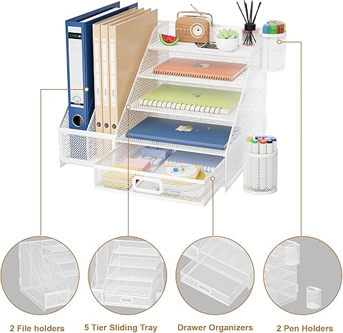 Miniatura 4 de Marbrasse Desk Organizer with File Holder, 5-Tier Paper Letter Tray Organizer with Drawer and 2 Pen Holder,Mesh Desk Organizers and