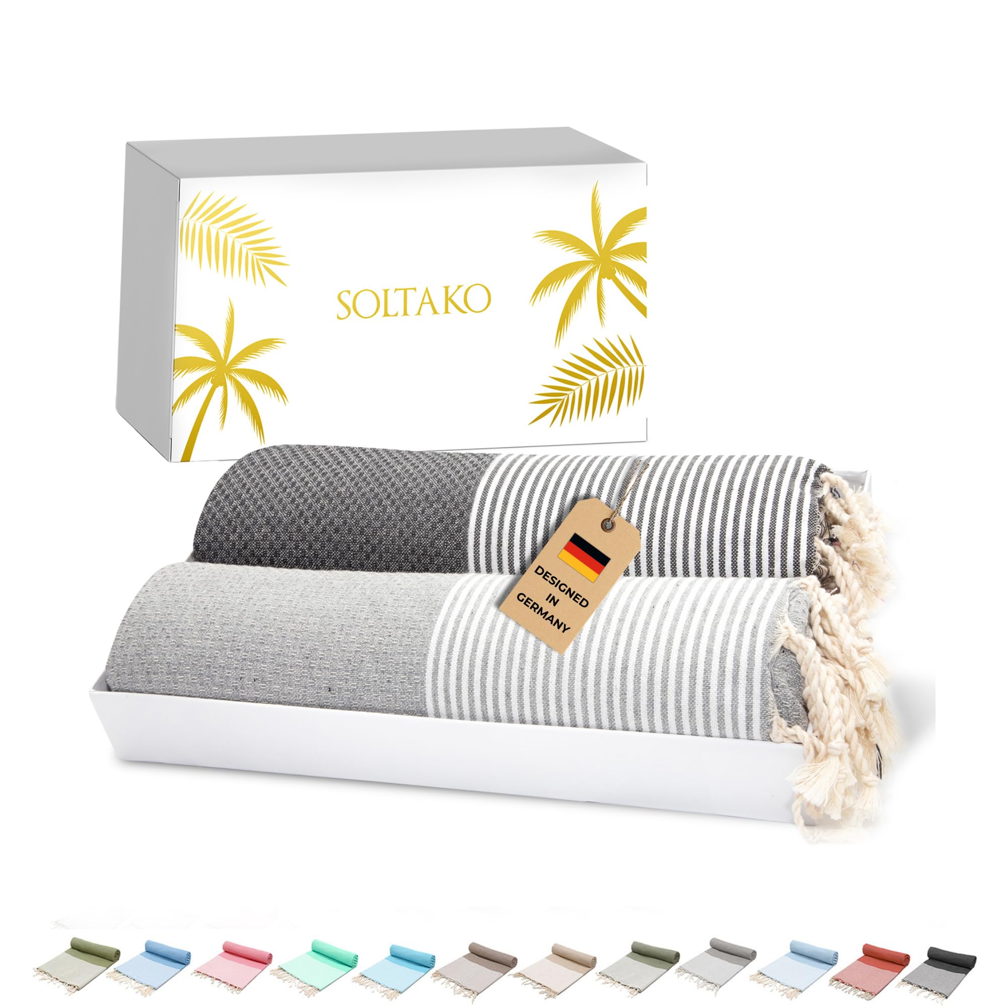 SOLTAKO Premium Hamamtuch Santorini 2er Set 100x200 cm, Anthrazit/Grau