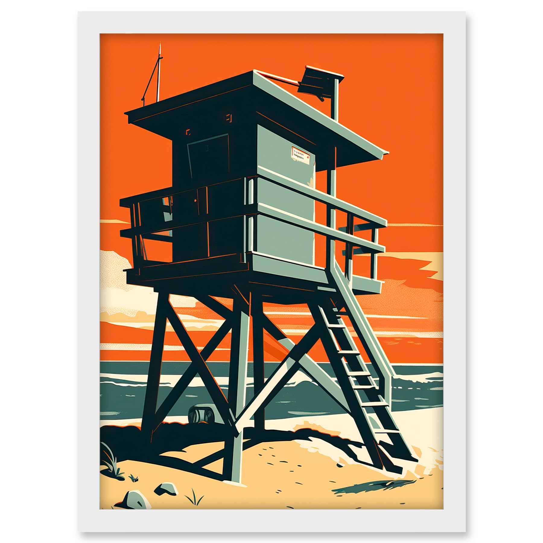 Artery8 Lifeguard Tower Seascape Pastel Colour Orange Teal Blue Beach Bathroom Artwork Framed A3 Wall Art Print