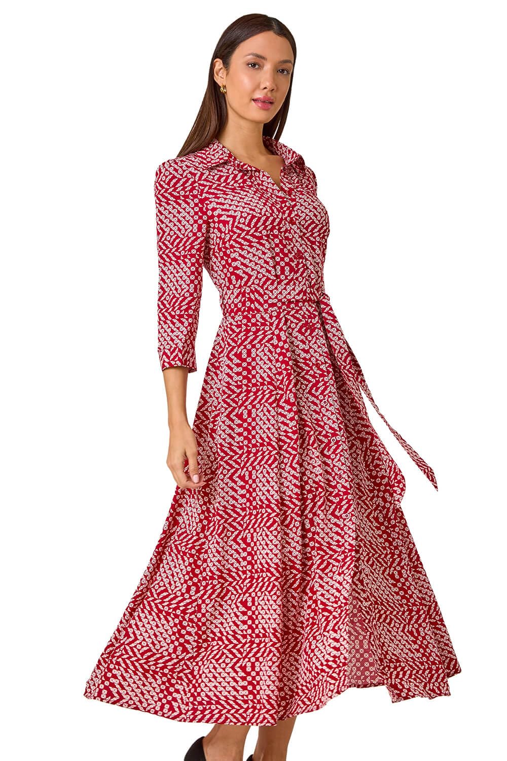 Roman Women's Red Geometric Print Tie Waist Midi Shirt Dress In Size 16