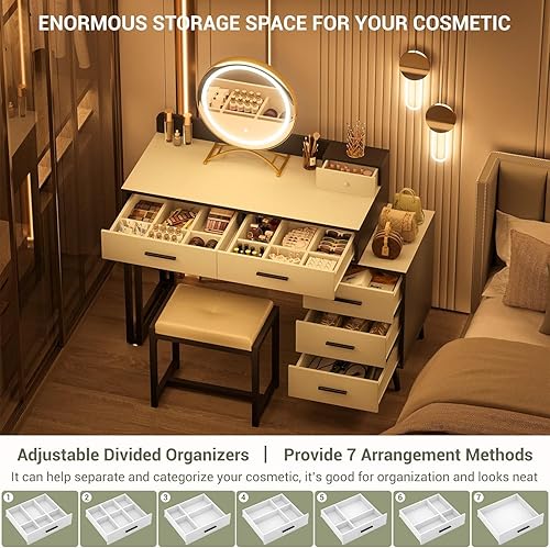 Miniatura 5 de Aheaplus Escritorio con espejo de maquillaje con luces, pequeño escritorio de tocador con cajones, juego de tocador con taburete para dormitorio, 3