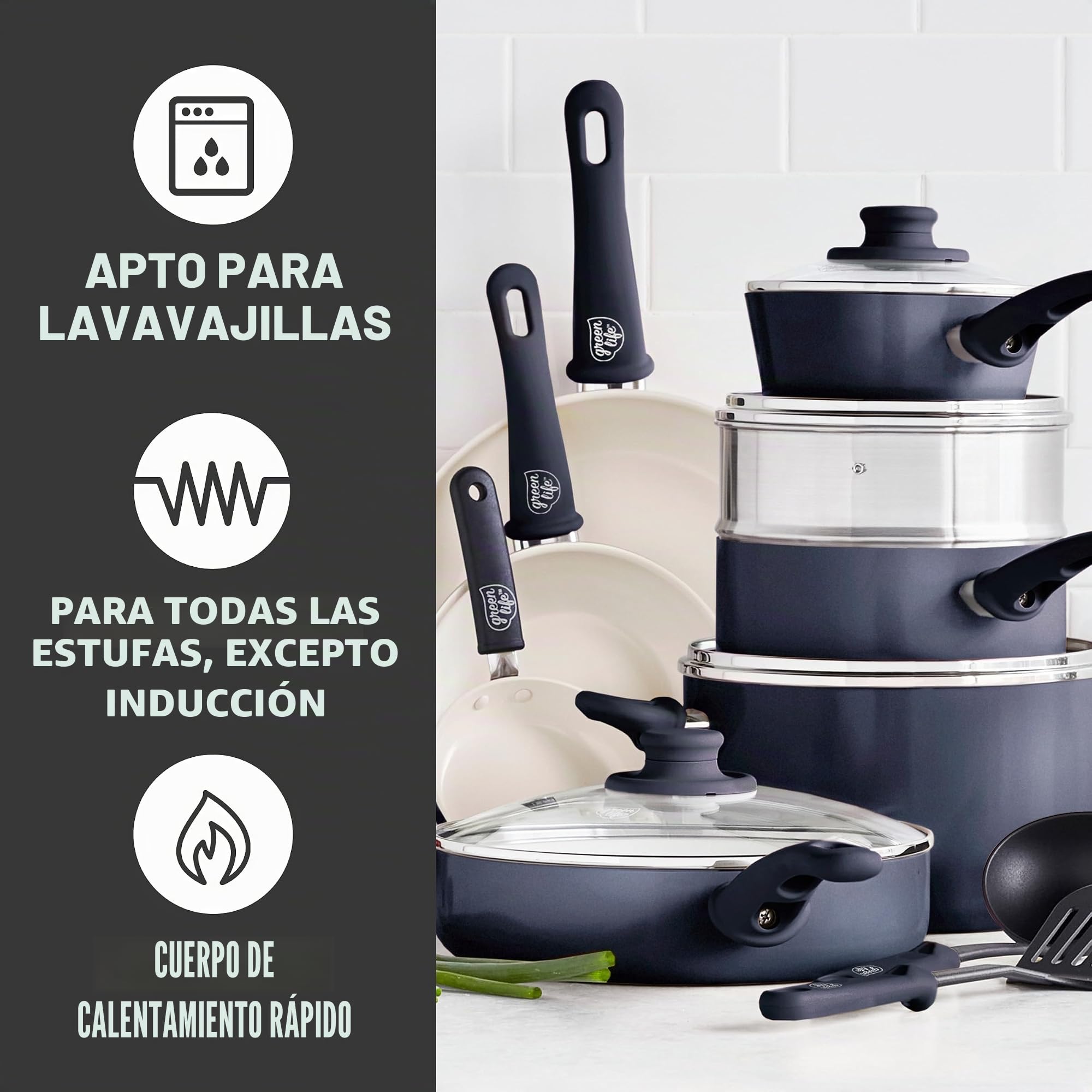 GreenLife Soft Grip Juego de 16 Ollas y Sartenes de Cerámica Antiadherente, Incluye Sartén, Cacerola y Cazo, Sin PFAS, Apto para Lavavajillas, Apto para Horno, Negro y Crema