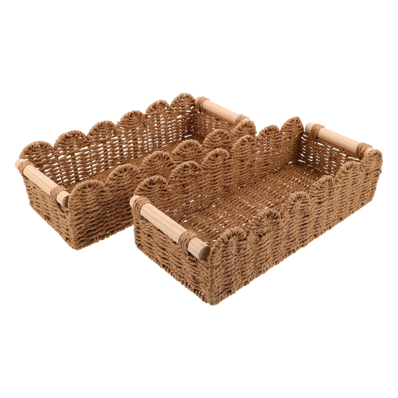 Cesta de Almacenamiento Tejida a Mano Marrón 2 Piezas Cesta de Almacenaje de Papel Higiénico con Asa de Madera Papel Borde Festoneado para Baño Inodoro