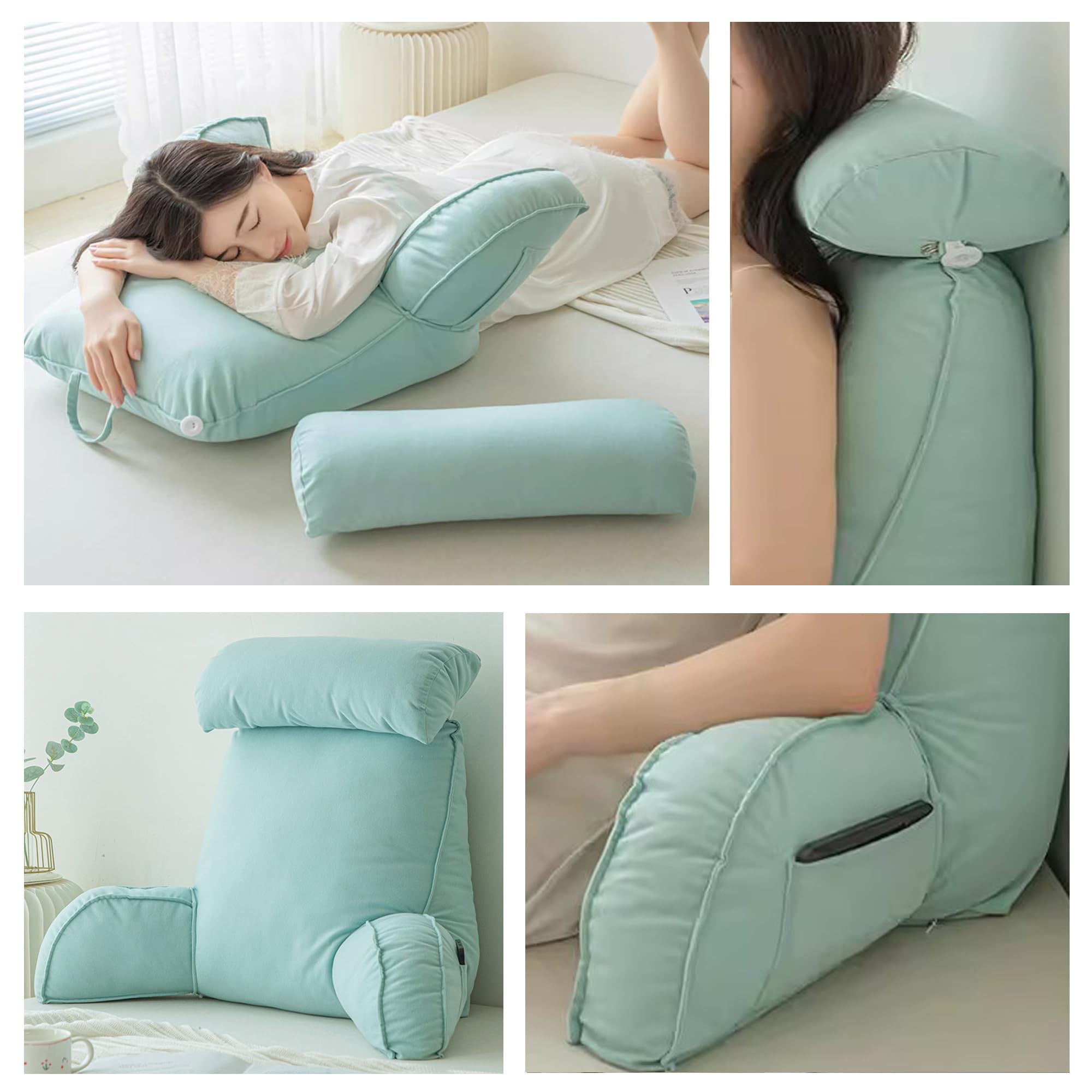 Großes Lesekissen für Sofa, Stuhl, Bett, Umarmungskissen, Lendenwirbelstützkissen, Rückenkissen, Taillenkissen zum Lesen, 75 x 40 x 55 cm, Grün2