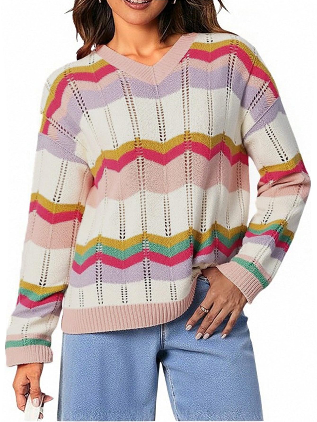 OYOANGLE Womens Color Block Drop Shoulder Sweater V Neck Long Sleeves Stripes Pullover Sweater