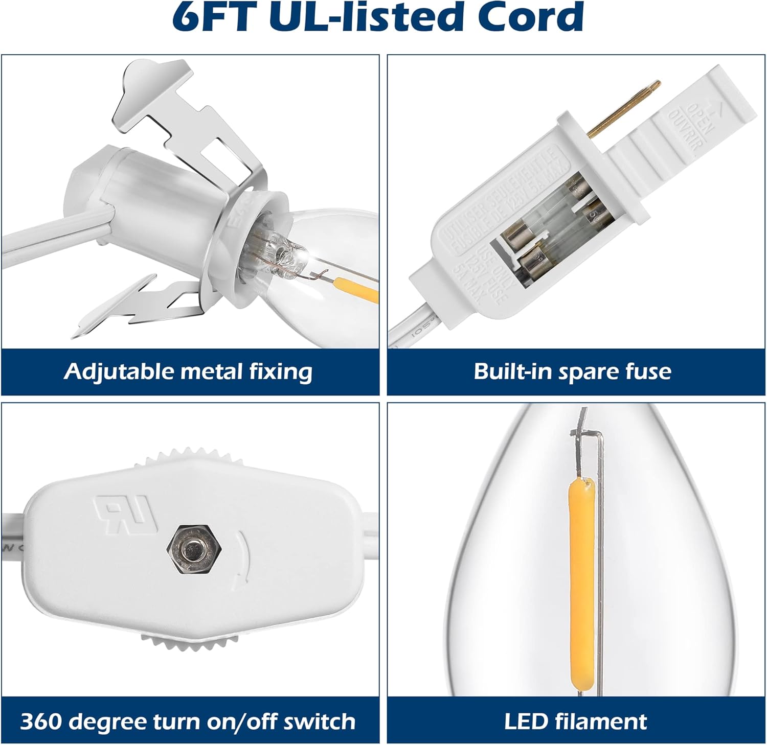 Feekoon 10 Packs 6ft Village Light Cord with 1W C7 LED Bulb, Salt Lamp Cord with ON/Off Switch and 2 Spare Fuses, Blow Mold Light Ideal for Christmas Village House Craft Decorations
