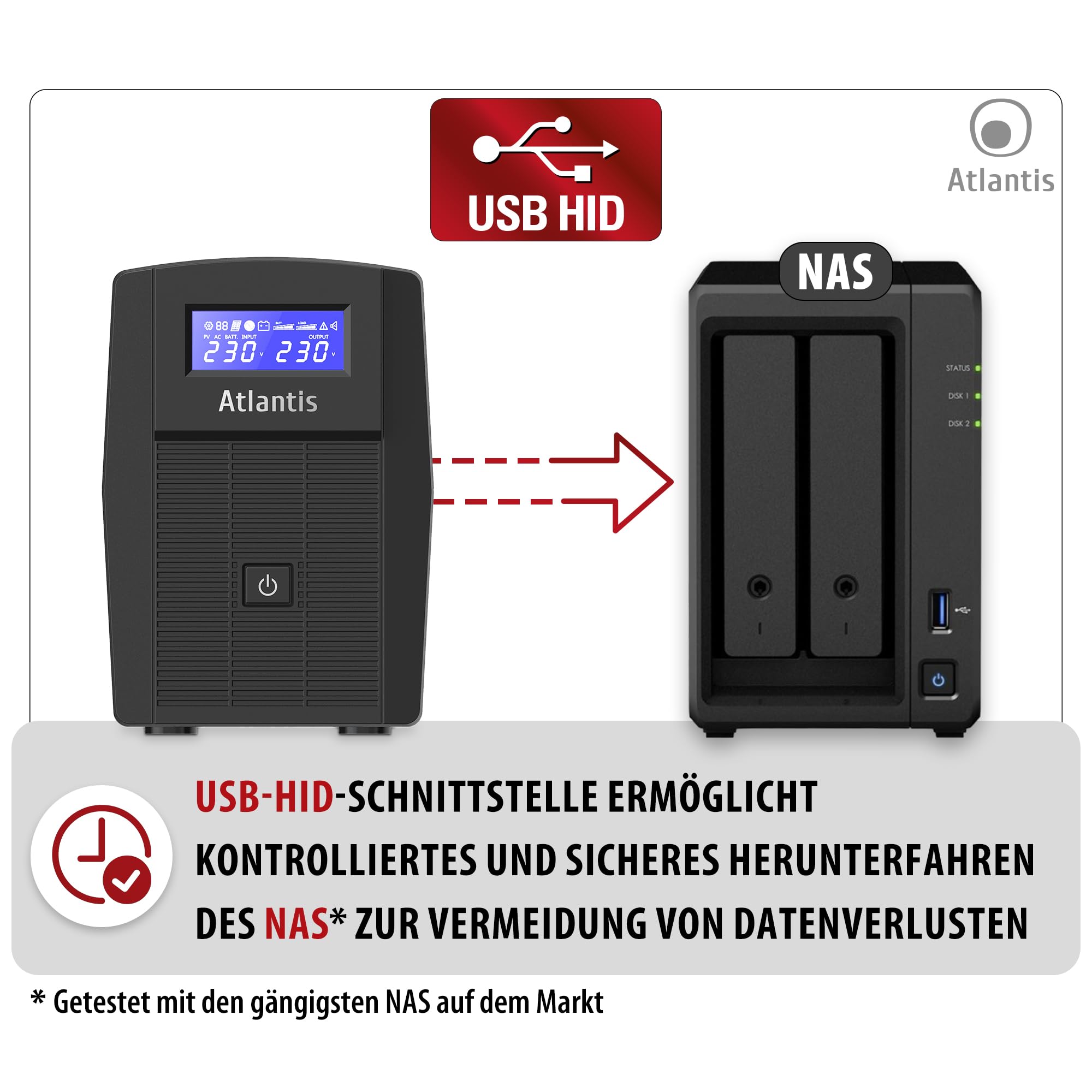 Atlantis A03-HP1003 Kontinuitätsgruppe Sinuswelle Pure 800VA 480W Line Interactive, LCD-Display, USB-HID-Anschluss, 2 Shuko Ausgänge + alim Kabel, 1 Akku 12V-9Ah, RJ45 Schutz, kostenlose Software