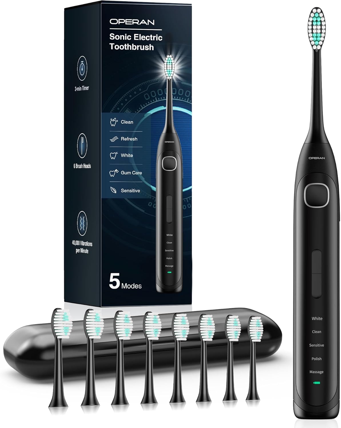 Operan Sonic Electric Toothbrush for Adults, Includes 8 Replacement Heads & Travel Case, 40000VPM, 5 Brushing Modes & 3 Intensities, 100-Day Battery Life, IPX7 Waterproof, Smart Timer (Black,1Pack)