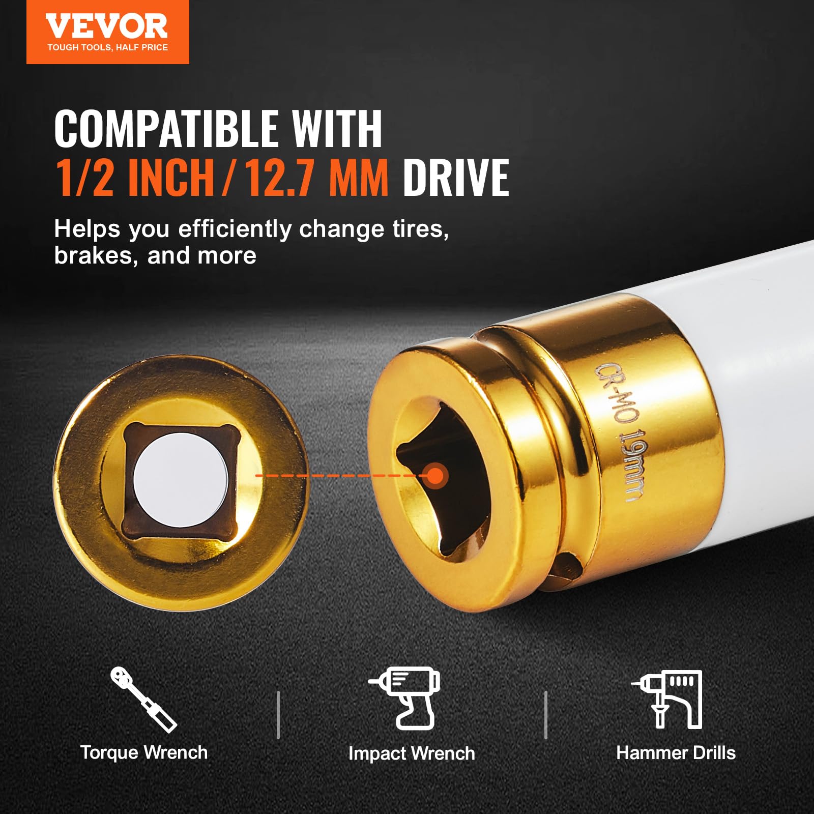 VEVOR Juego de Dados de Impacto para Tuercas de Rueda Kit de Dados Profundos Métricos de 6 Puntas con Impulsión de 12,7 mm, 7 Tamaños de Tuercas 17/19/21/22/23/24/27 mm con Estuche de Almacenamiento