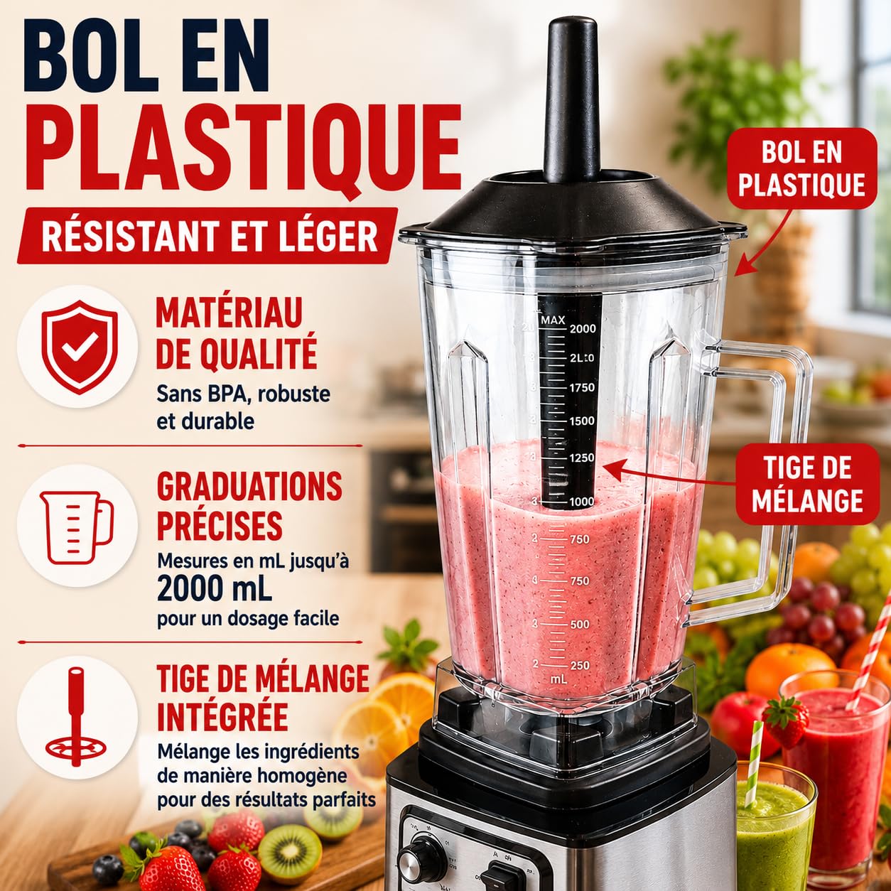 Swiss Line - Batidora profesional de 2,0 L, batidora multifunción con cuenco graduado, cuchillas inox, ajuste de velocidad y pulso, para batidos, salsas, purés, sopas frías y helado picado