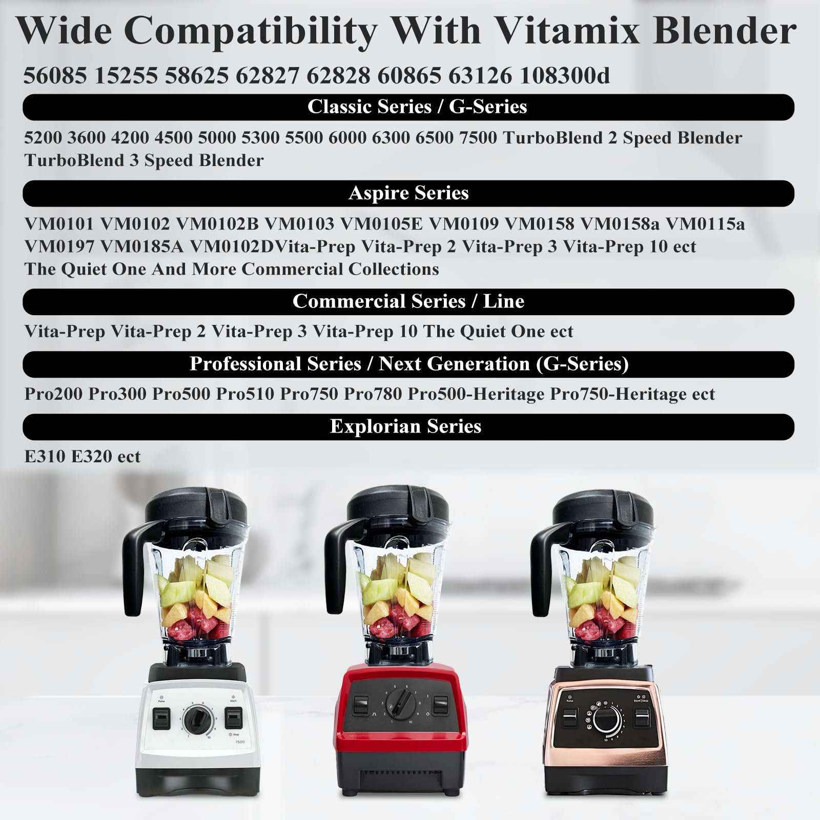 Pour mixeur Vitamix 64 oz profil bas, pitcher de rechange pour Vitamix 750 5300 5200 7500 6300 Vm0102 Vm0103 Vm0197 E310 G/Classic C/Explorian/Commercial Series, etc