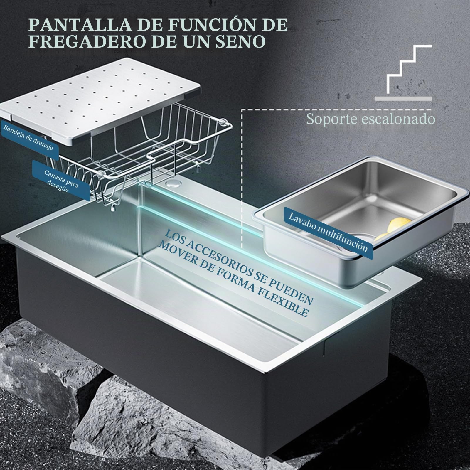 Fregadero de cocina multifunción de 65 x 50 cm, de acero inoxidable 304, hecho a mano, fregadero de cocina grande de una bañera, instalación a ras o sobre encimera con bañera extraíble