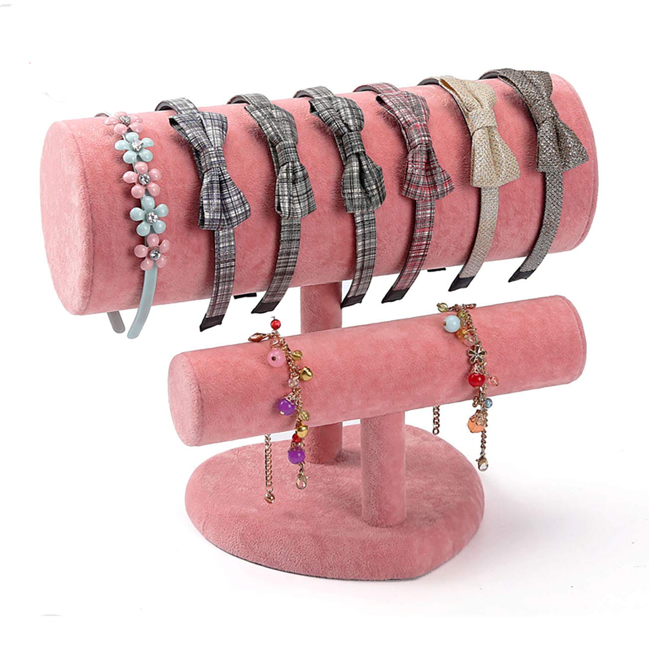 HOMANDA Homeanda Pink Velvet 2 Bars with Heart-Shaped Base Jewelry Bracelet Hairband Display Organizer Stand Holder (Heart-Shaped Base-2 Bars-Pink)