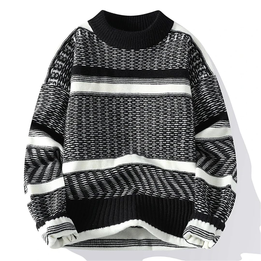 Maglione da uomo con scollo rotondo, caldo, a righe, maglione natalizio