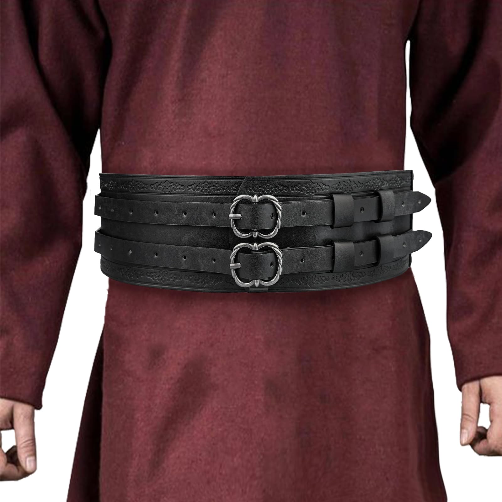 HiiFeuer Viking Wide Belt, Medieval Faux Leather Armor Belt Knight Corset Belt, LARP Costume (Black D)