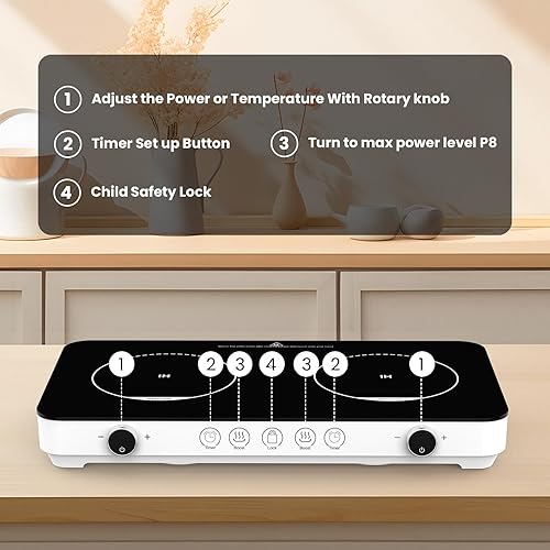 Miniatura 6 de Quemador de doble inducción, estufa de inducción portátil de 1800 W con 8 niveles de temperatura y potencia, bloqueo y temporizador para niños,