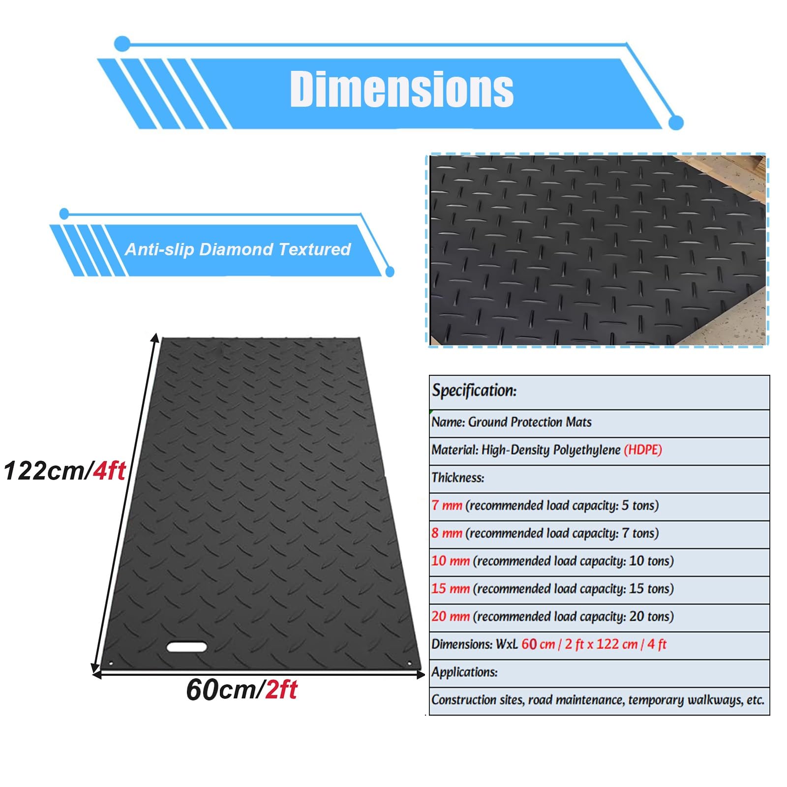 Maty podłogowe HDPE do ciężkiego sprzętu, 4 szt. 60 x 122 cm, grubość 8 mm tymczasowe maty jezdni do budowy na zewnątrz, ochrona przed zgnieceniem błota