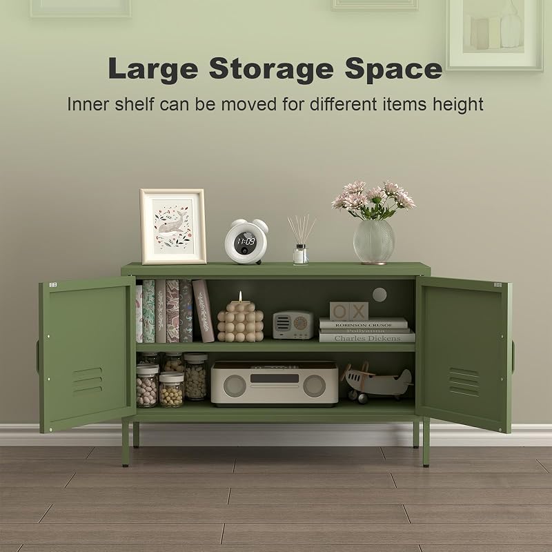 IRONFFICE Metal Storage Cabinet,Metal Cabinet with Doors and Adjustable Shelf,TV Stand with Storage,Morden TV Cabinet for Bedroom,Living Room,Avocado Green image 4