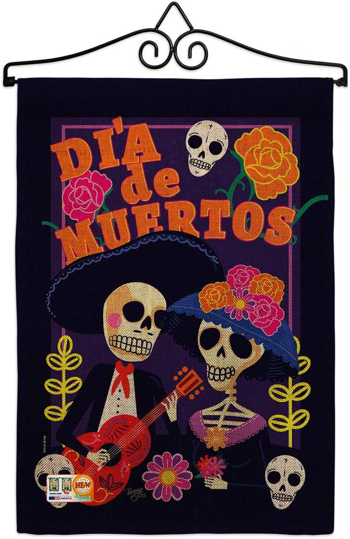Dia de Muertos Couple Garden Flag Set Wall Holder Falltime Day of Dead Los Fiesta Mexican Party Autumntime Small Decorative Gift Yard House Banner Made In USA 13 X 18.5