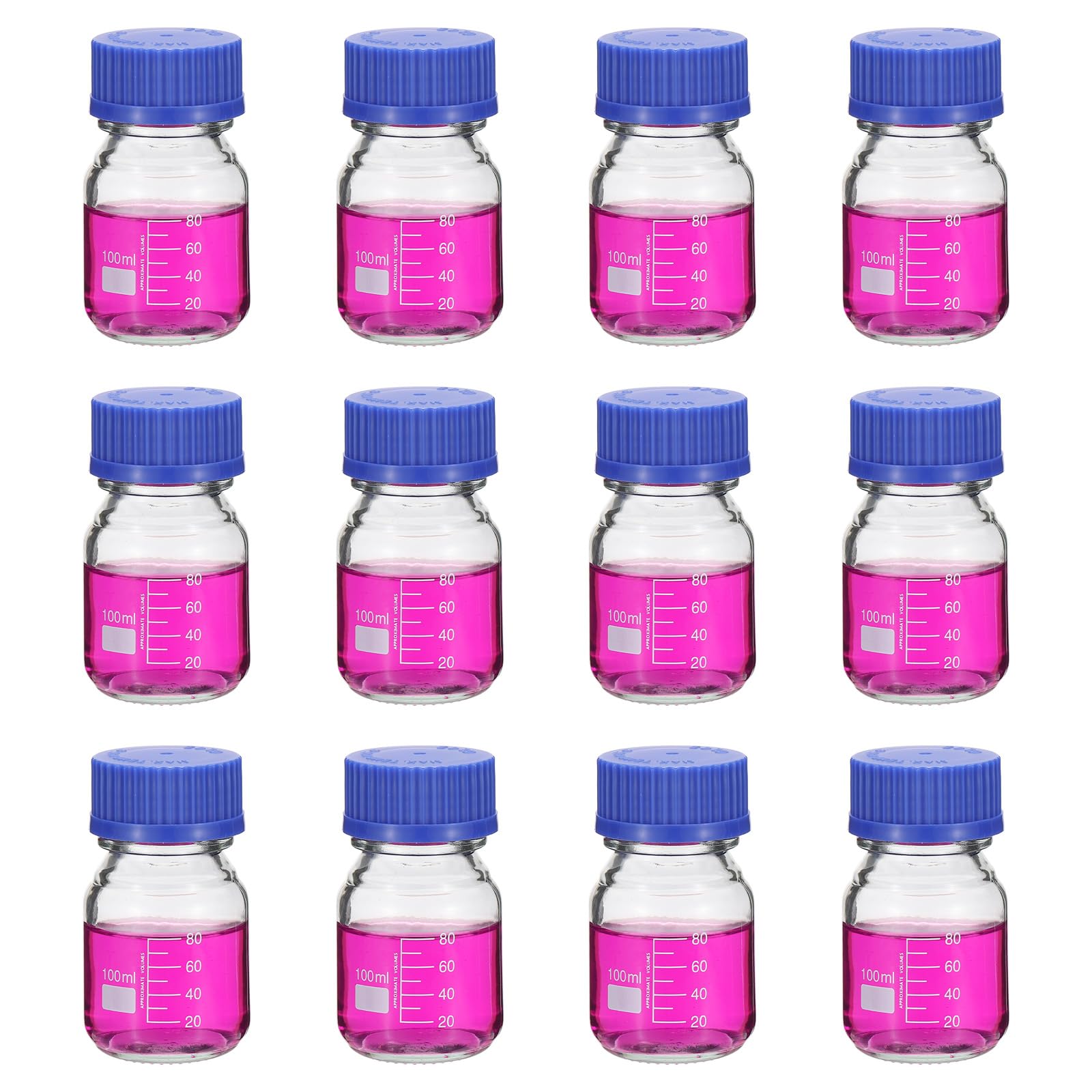 PATIKIL 12 Pack Bouteilles De Stockage De Milieu Réactif, 100ml Bouteilles Graduées En Verre Borosilicate Avec Bouchon À Vis Bleu GL32 Pour Liquides Réactifs De Laboratoire, Transparent
