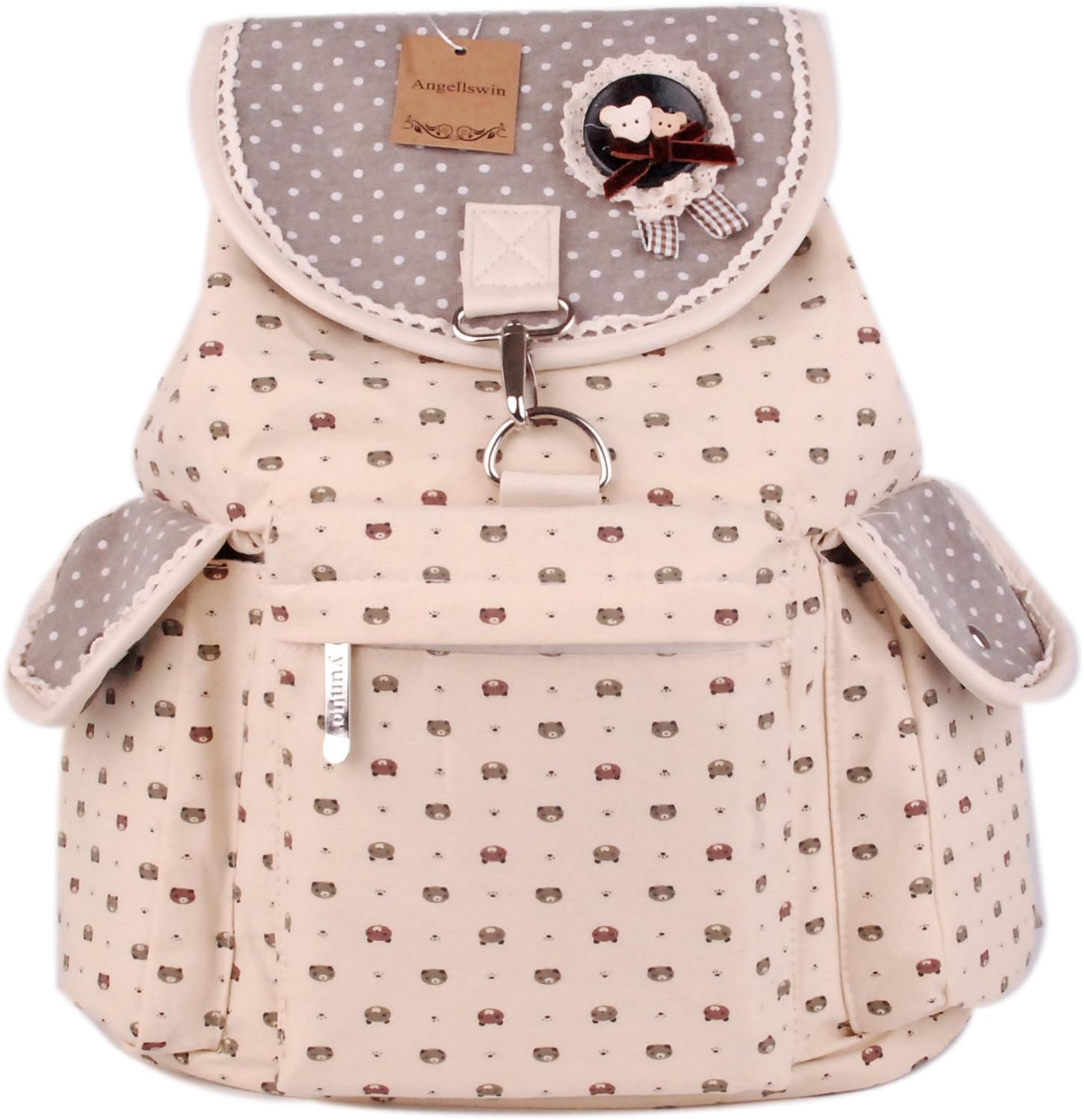 Badge Lace Bear Canvas Women's Girls College School Backpack (Beige Bear)