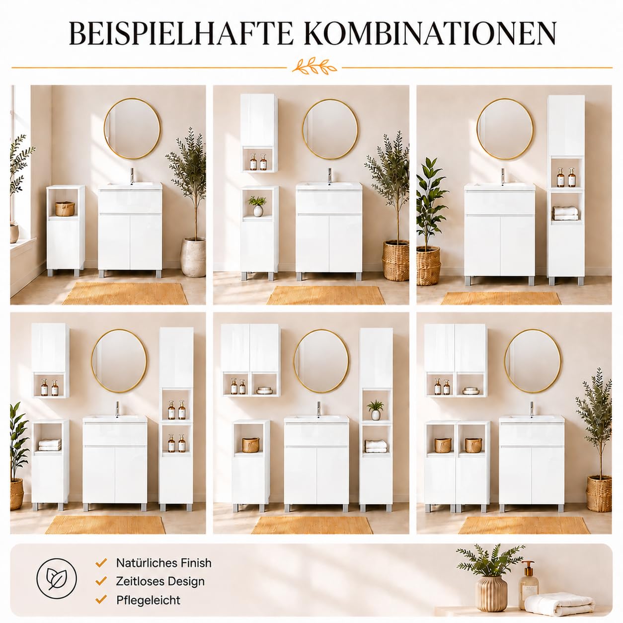 Badezimmerschrank Stehend Ariza, Hochglanz Weiß, MDF 18 mm, Soft-Close Türen, 6 Regale, 161 x 28 x 25 cm, Midischrank, Gäste WC & Bad für Kosmetik, Hängend, Links rechts