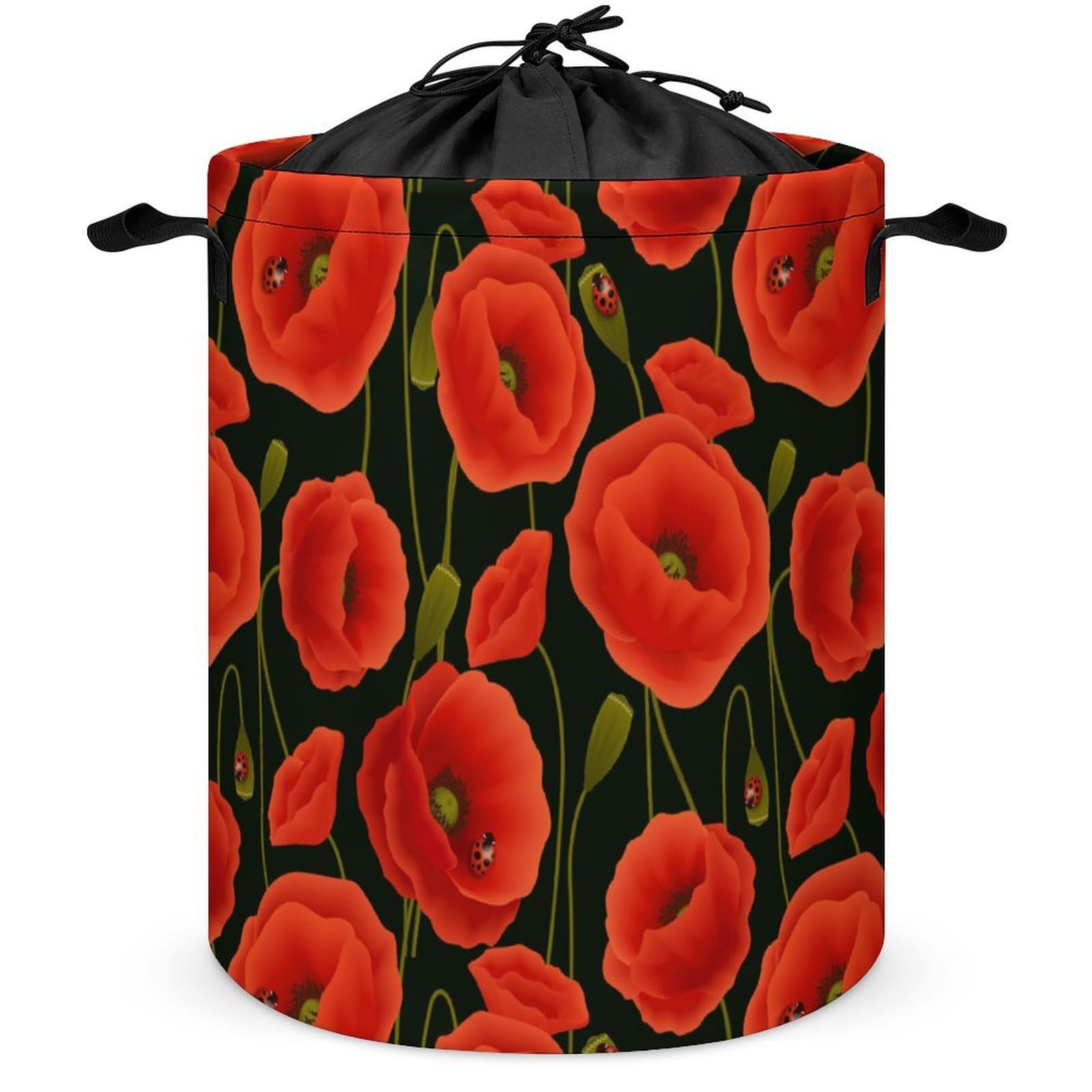 Wlntrophic Drawstring Laundry Hamper, Red Poppy Flower Laundry Basket, Washing Basket with Handle