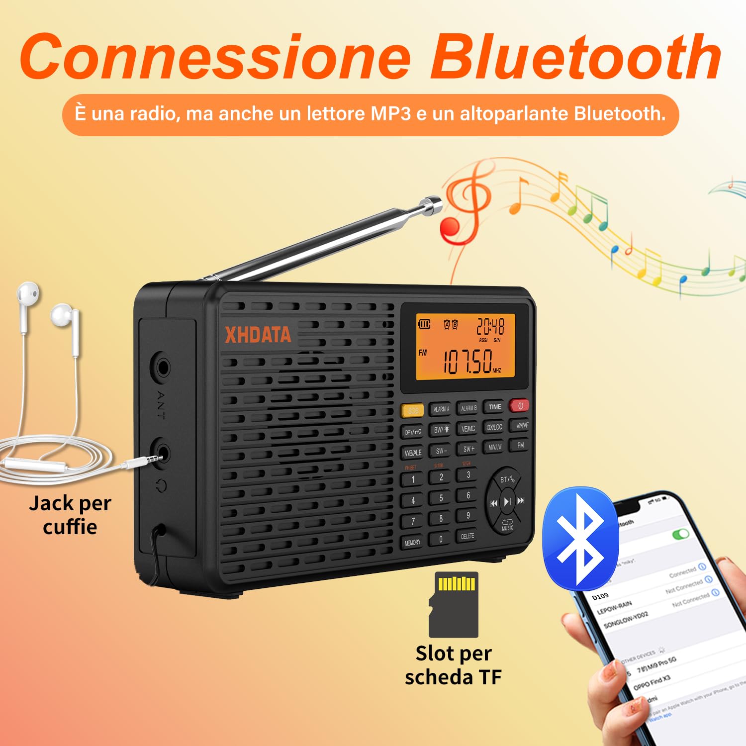 XHDATA D109WB Radio Portatile Tascabile Ricaricabile, FM/AM/LW, Orologio E Doppio Sveglia, Presa Per Cuffie, Lettore Mp3 Stereo Tf/bluetooth, Jogging, Passeggiate, Cucina, Famiglia Anziani Applicabile