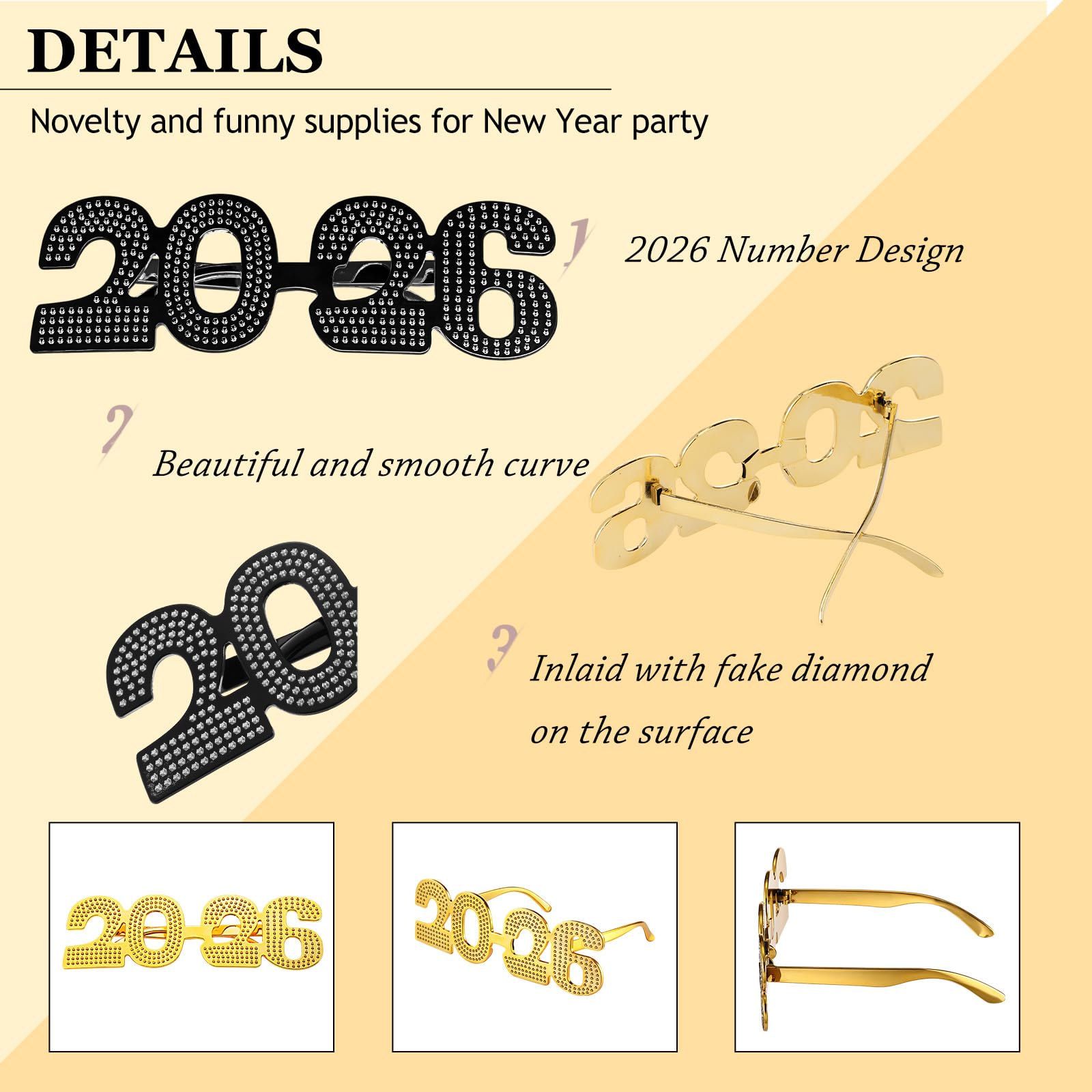 Sherr 12 pares de marcos de gafas de Año Nuevo 2024 con purpurina 2024, suministros de fiesta de Año Nuevo, anteojos de vidrio novedosos para Año Nuevo, festividades, festivales, fiestas, accesorios