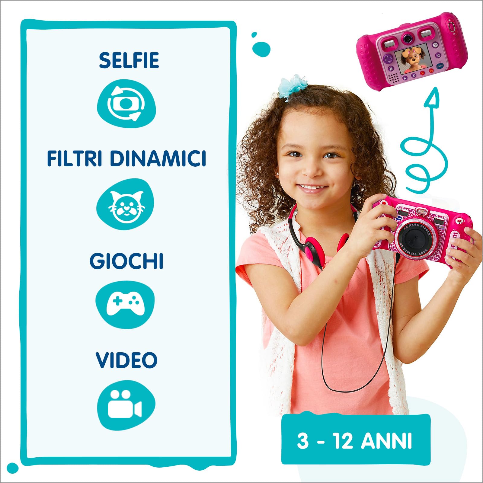 VTech Kidizoom Duo DX Blu, Macchina Fotografica per Bambini con +75 Filtri, Foto e Video, Doppia Fotocamera Anteriore e Posteriore, Scocca Antiurto, Lingua Italiana, Batterie Incluse, 3-12 Anni
