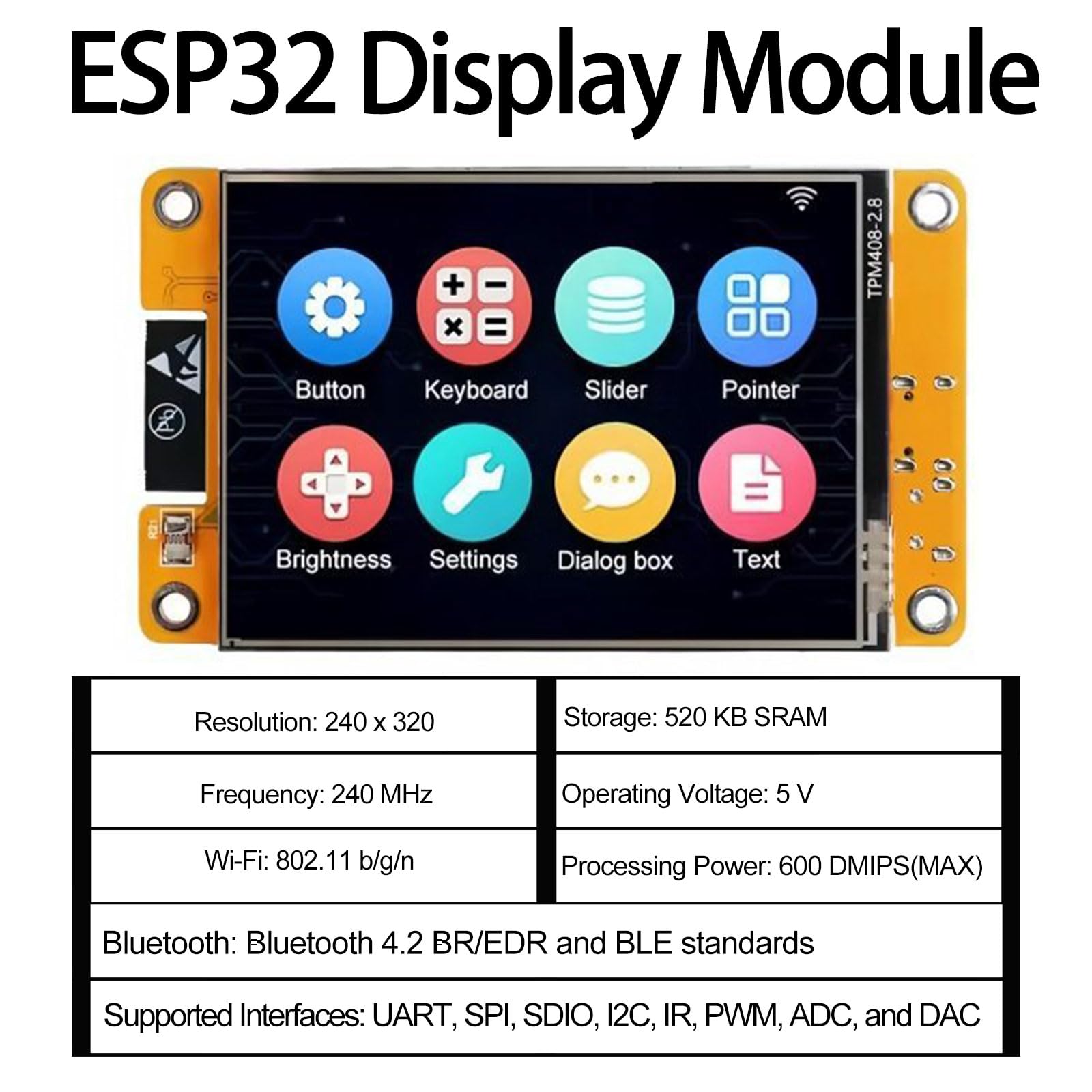 ESP32 Écran, ESP32 Ecran Tactile Board Avec Wifi Bluetooth, 2.8" 240 X 320 ESP32-2432S028R Module, TFT Touch Display, Carte De Développement Avec Stylet, Compatible pour Arduino IDE