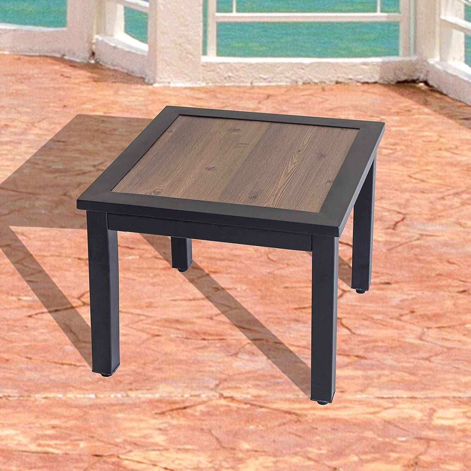 INDIAN DECOR. 45239 Home Outdoor Metal Square Side/End Table with Wood Top for Patio, Porch, Deck, Brown 2