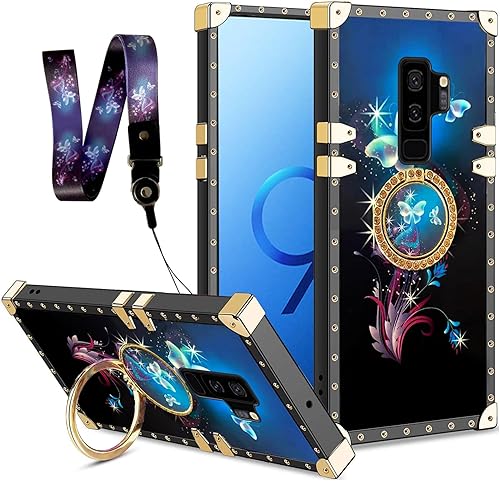 Miniatura 1 de Funda cuadrada compatible con Galaxy S9 Plus, decoración de lujo verde y dorada para Samsung S9 Plus, para niñas y mujeres, con soporte de anillo,