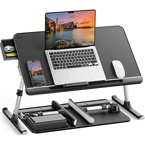 SAIJI Laptop Bed Tray Table, Adjustable PVC Leather Laptop Bed Table, Portable Standing Desk with Storage Drawer, Foldable Lap Tablet Table for Sofa Couch Floor (Dark Black)