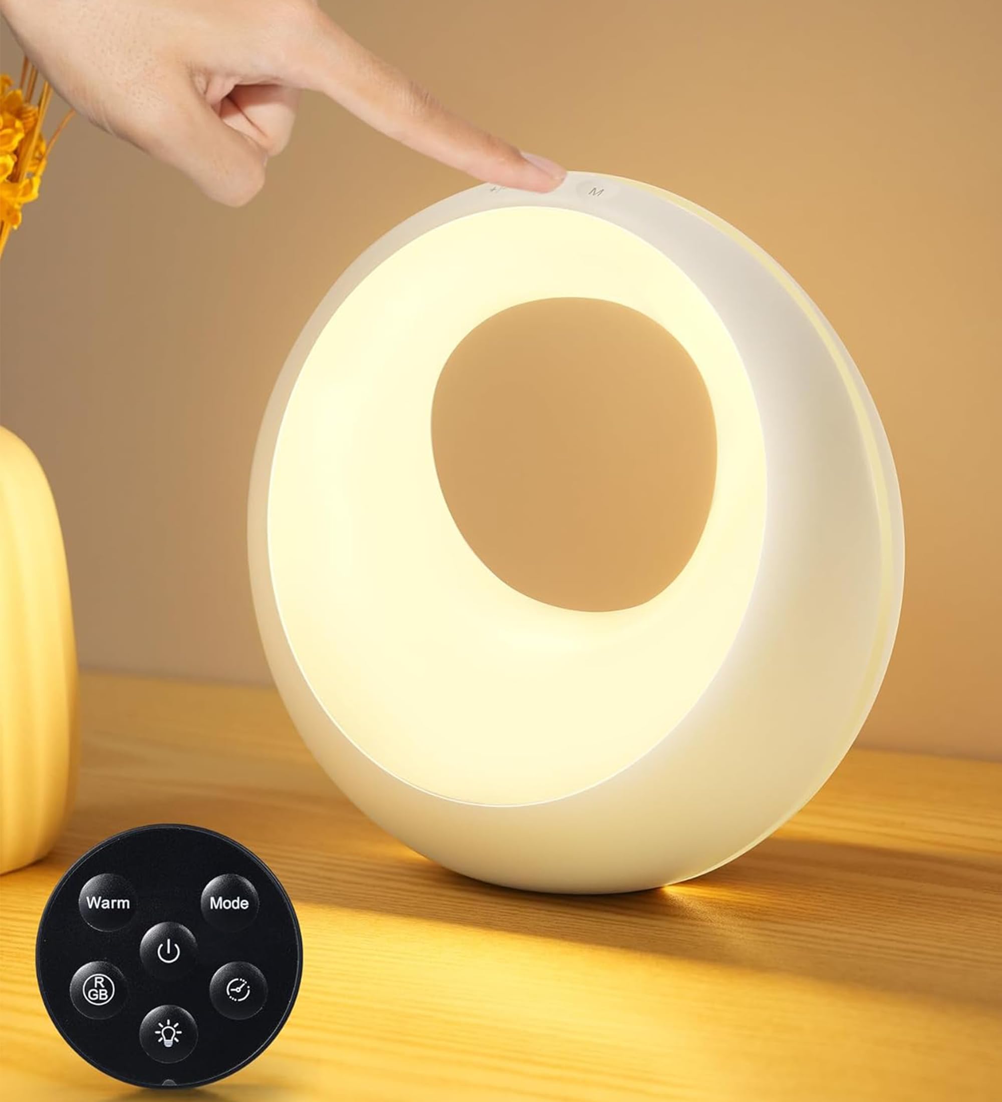 Dorifun Nachttischlampe Touch Dimmbar mit Farbwechsel & 3 Modi, USB Aufladbar LED Tischlampe Kabellos Akku mit Timing, Baby Nachtlicht Kinder Holzmaserung für deko Schlafzimmer Wohnzimmer Geschenke