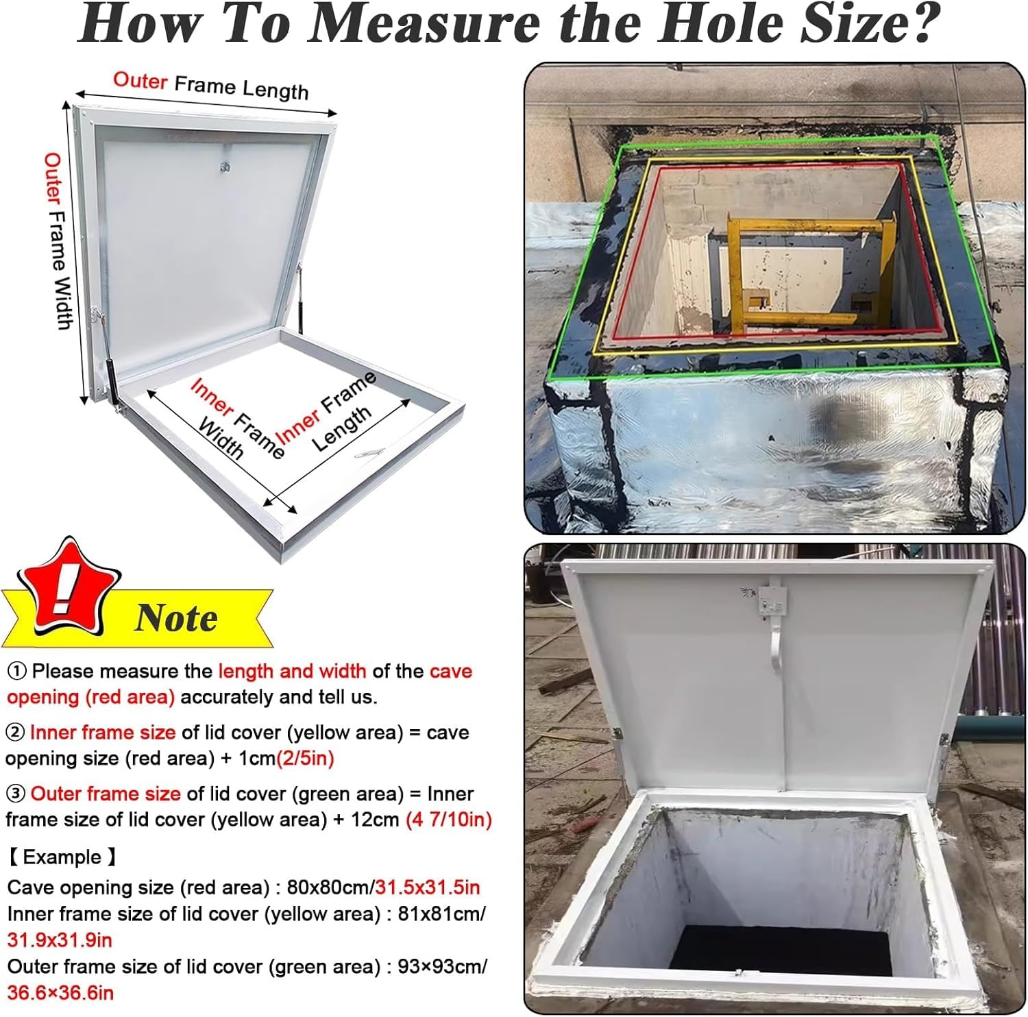 Puerta de acceso personalizada para techo/ático/espacio de arrastre, cubierta de escotilla de apertura ancha de 90° para salida de emergencia, tapa de salida de sótano duradera (640 x 760 mm/25 x 30)