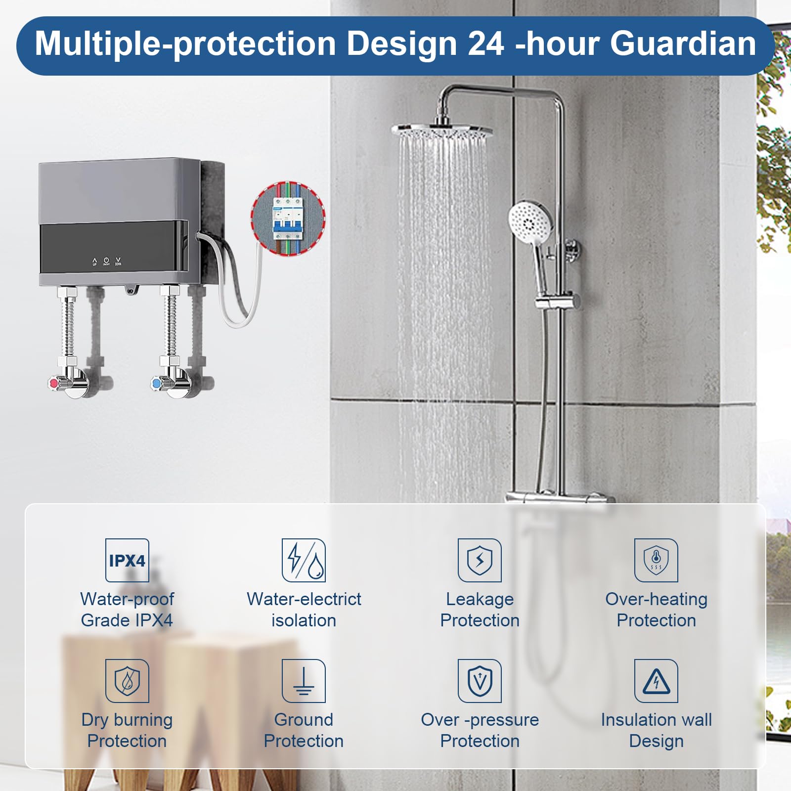 Chauffe-eau électriques 220V 6000W, Chauffe-eau électrique sans réservoir, Petit chauffe-eau instantané électrique économie d'eau Avec écran numérique, Pour cuisine, salle de bain, lavage (Sliver)