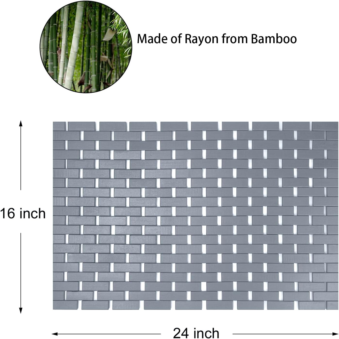 Bambo Bath Mat Bathroom Rugs Floor Wood Shower Bathtub Waterproof Non Slip Accessories 16x24 Inch Easy to Clean, Grey,1 pc