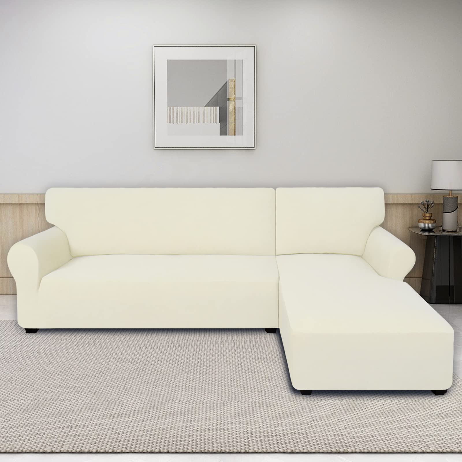 PureFit Super Stretch Sectional Couch Covers - 2 pcs Spandex Non Slip Sofa Covers with Elastic Bottom for L Shape Sectional Sofa Couch, Great for Kids & Pets (3 Seat Sofa + 3 Seat Chaise, Ivory)
