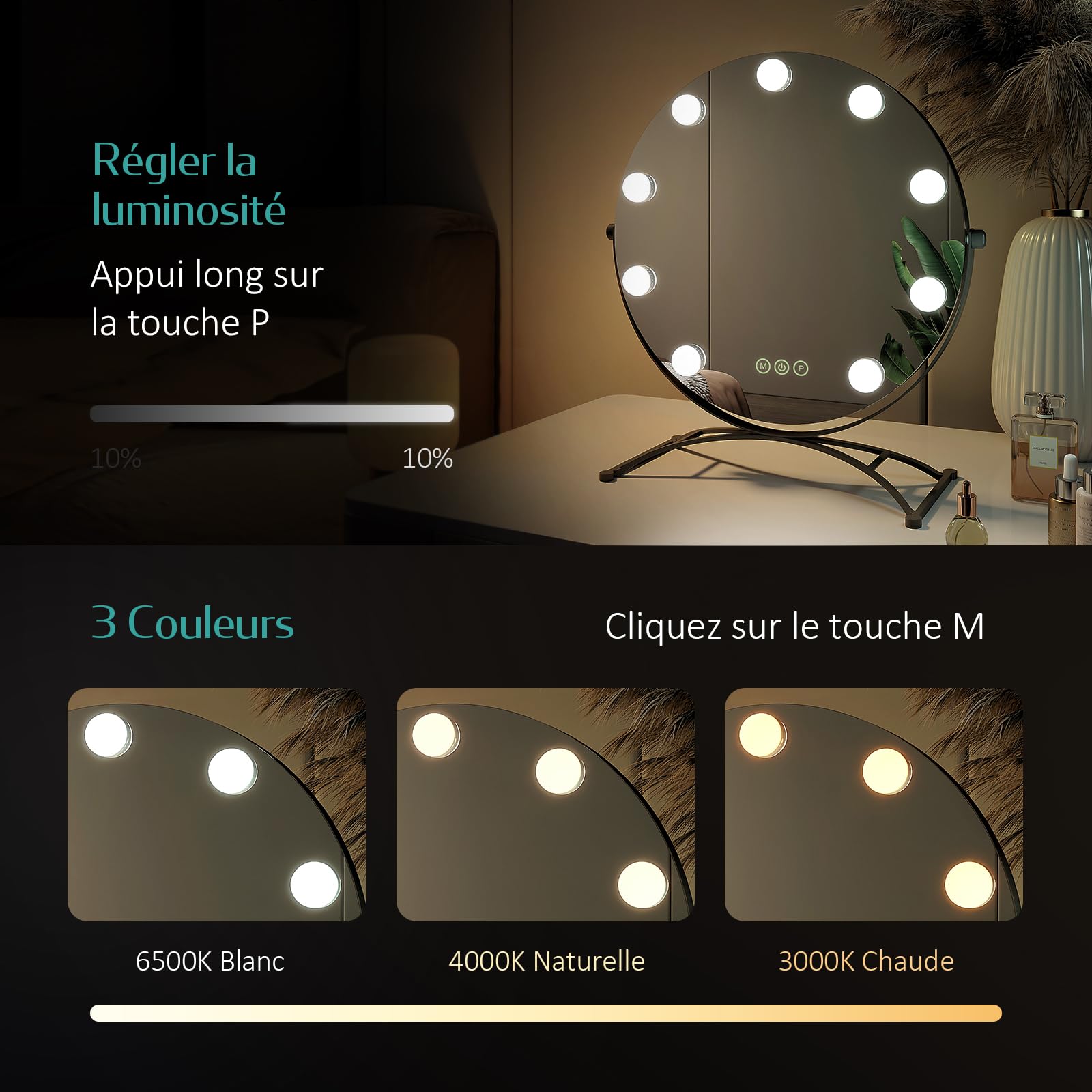 EMKE Hollywood - Espejo de Maquillaje Redondo, diámetro 50 cm, Marco Negro, Espejo de Aumento 7 x con 11 Bombillas LED, Interruptor táctil, rotación 360°, luz 3000K/4000K/6500K