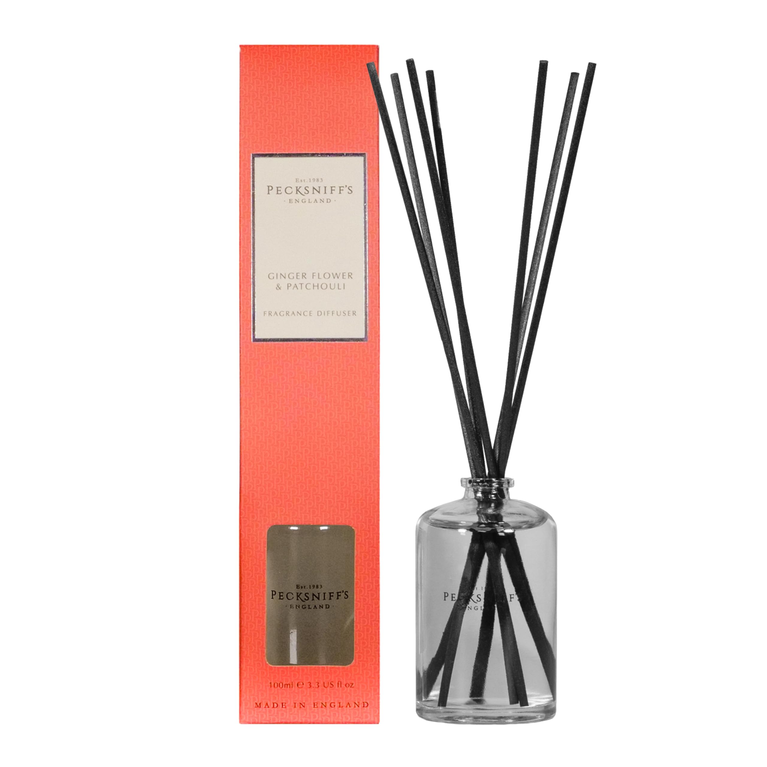Pecksniff’s Reed Diffuser for Home, Ginger Flower & Patchouli Fragrance, Luxury Room Freshener, Handcrafted in England, 100 ml/3.38 fl oz