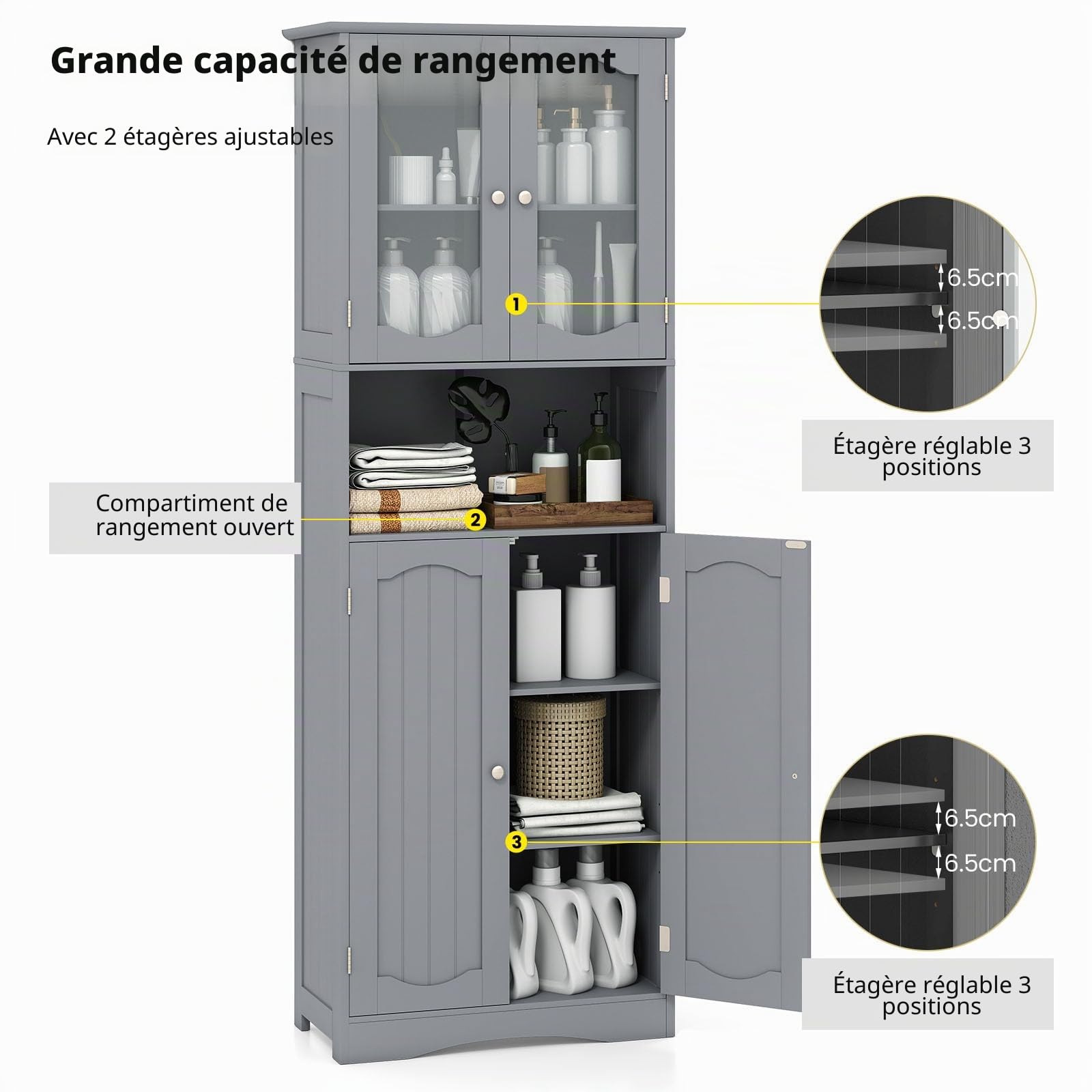 LIFEZEAL Armoire Haute de Salle de Bain avec Portes Vitrées (Gris)
