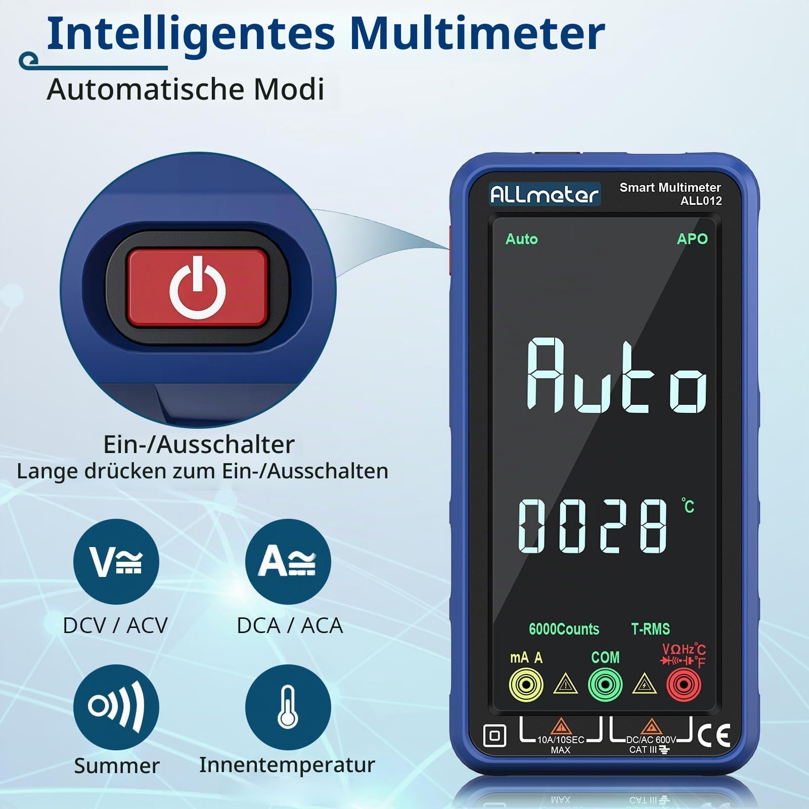 Digital Multimeter 6000 Zählungen Strommessgerät mit Farbbildschirm CAT II 1000V CAT III 600V True RMS Voltmeter für AC/DC Spannung Strom Kapazität Widerstand Dioden Frequenz Temperatur NCV