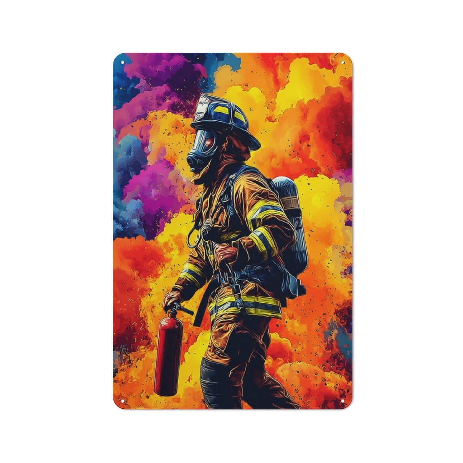 Junmoney Firefighter Bravery In Action -2 Decorative Metal Plaque With Design 30X20cm, Casual Utility Space Decor For Patio Bar, Workshop, Shed Or Kitchen
