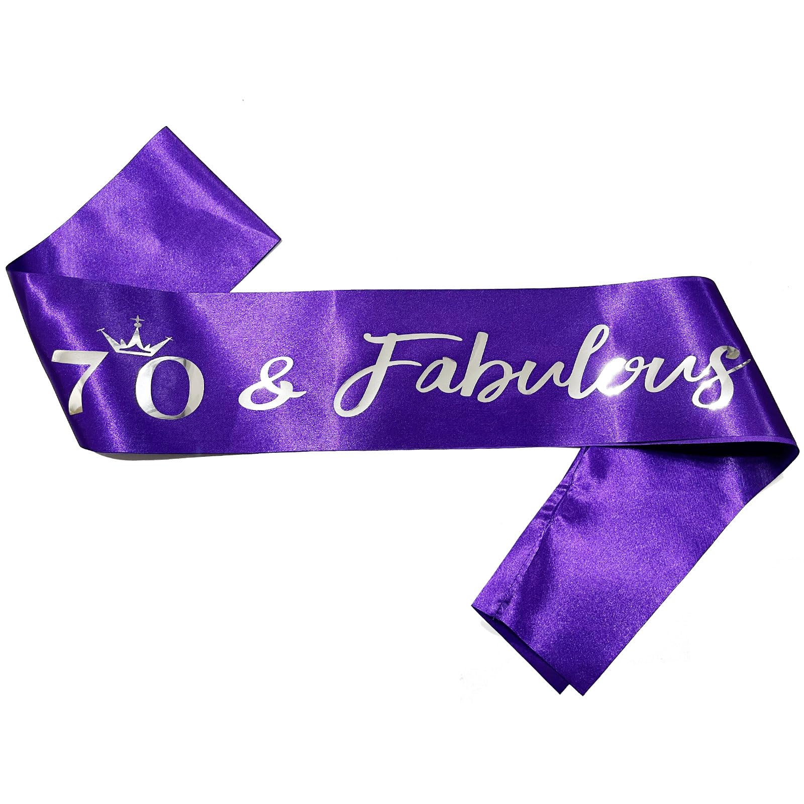 Banda de 70 cumpleaños, fabulosa banda de satén morado de 70 cumpleaños con letra de lámina plateada, accesorios de decoración de 70 cumpleaños, decoración de fiesta, morado y plateado